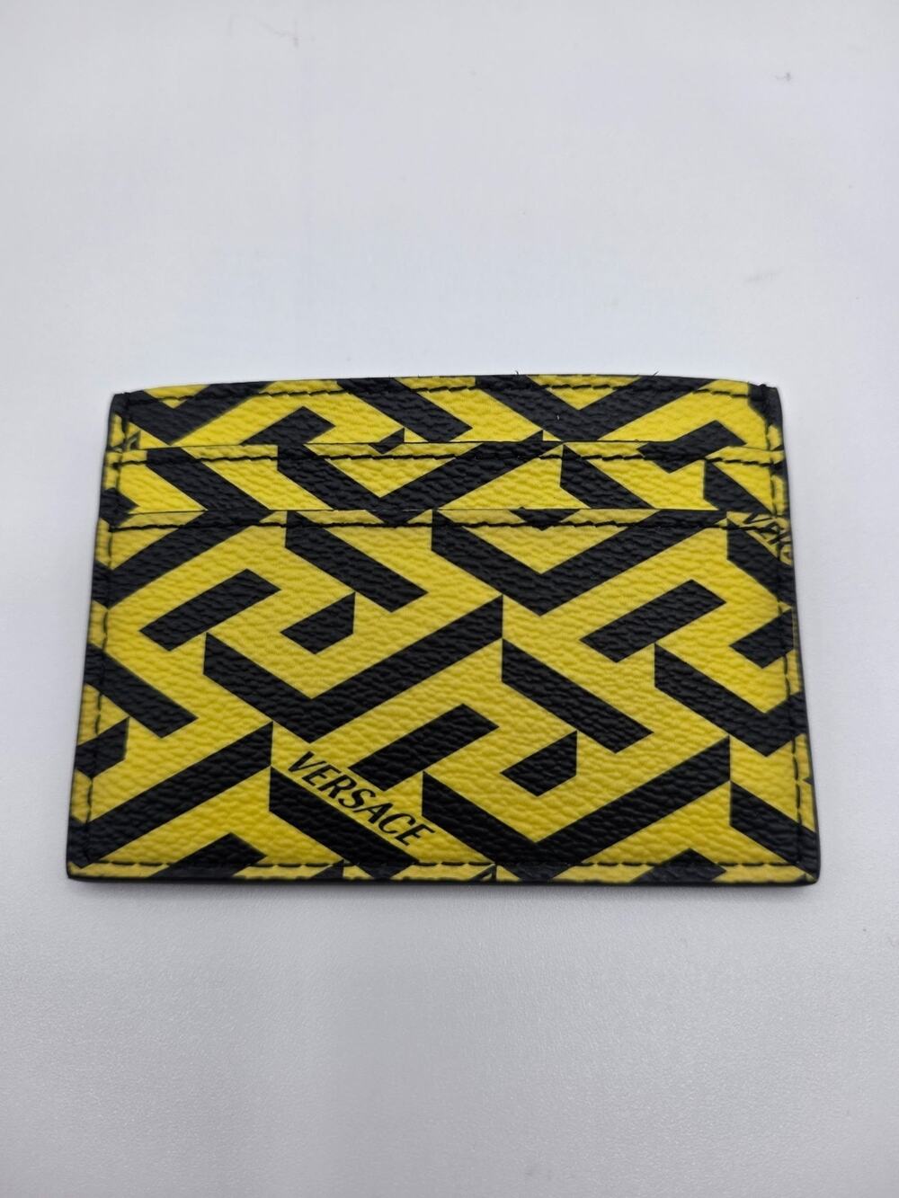 Versace La Greca Card Holder Yellow Black Leather Card Case w Box Dust Bag